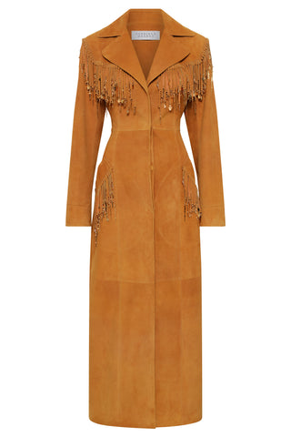 Cashew Suede Thaniel Fringe Trench Coat with Rose Gold Charms - Front View | Gabriela Hearst