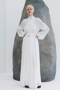 Cedric Pleated Maxi Dress in Ivory Silk Georgette Twill