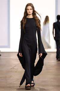 Sigrud Draped Maxi Dress in Black Wool Silk Gauze