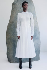 Dewi Pleated Maxi Shirtdress in White Aloe Linen