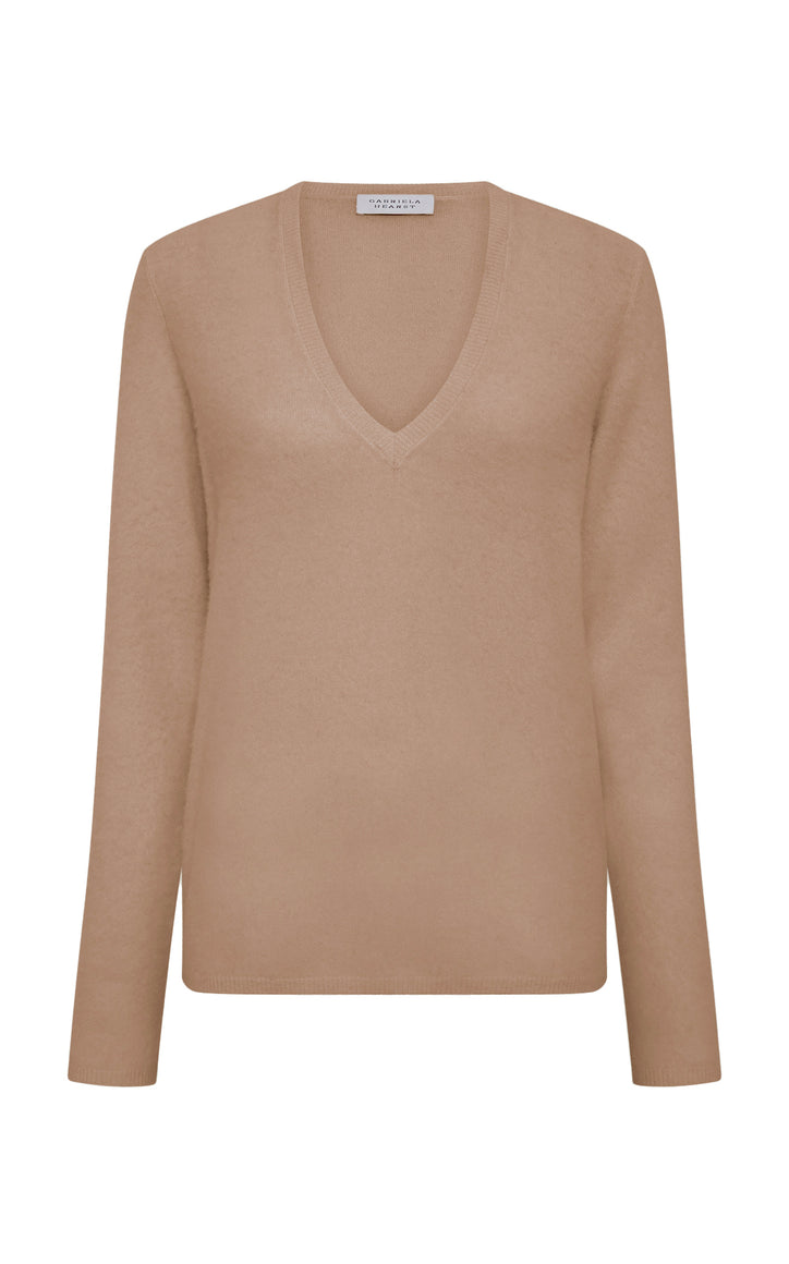 Vesper Knit V-Neck Sweater in Camel Brushed Cashmere