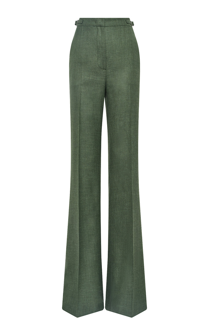 Vesta Flared Pant in Olive Virgin Wool Silk with Linen