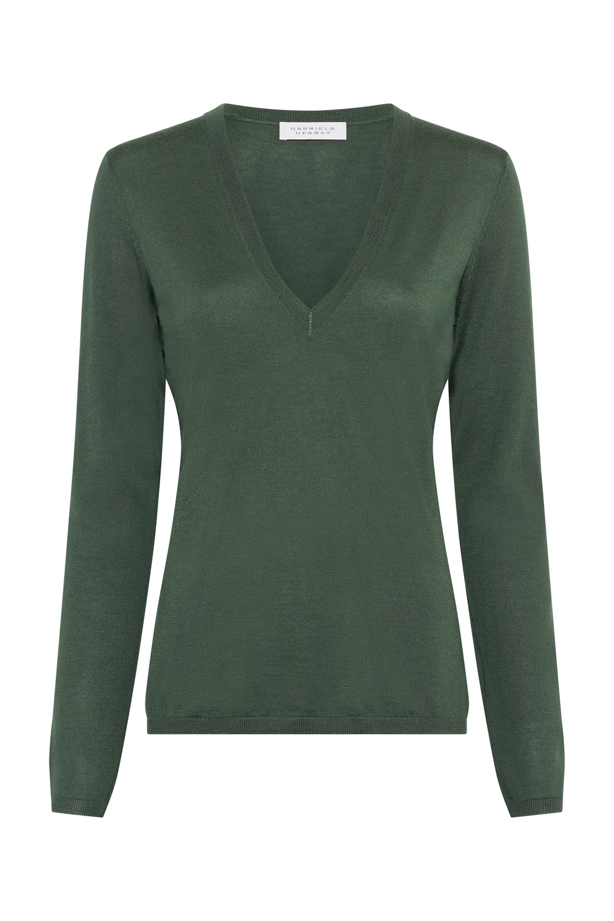 Clementia Knit V-Neck Sweater in Olive Cashmere Silk