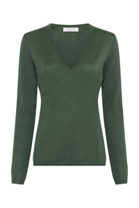 Clementia Knit V-Neck Sweater in Olive Cashmere Silk