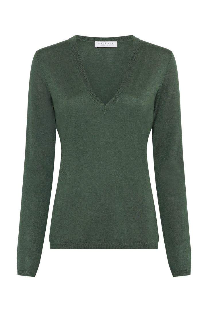 Clementia Knit V-Neck Sweater in Olive Cashmere Silk
