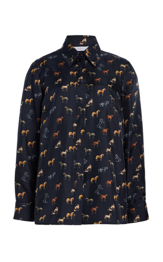 Dark Navy Silk Cruz Shirt with Horse Print - Front View | Gabriela Hearst