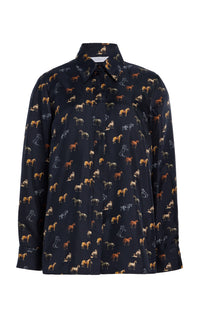 ダークネイビーのバージンウールシルクツイードのクルーズシャツ