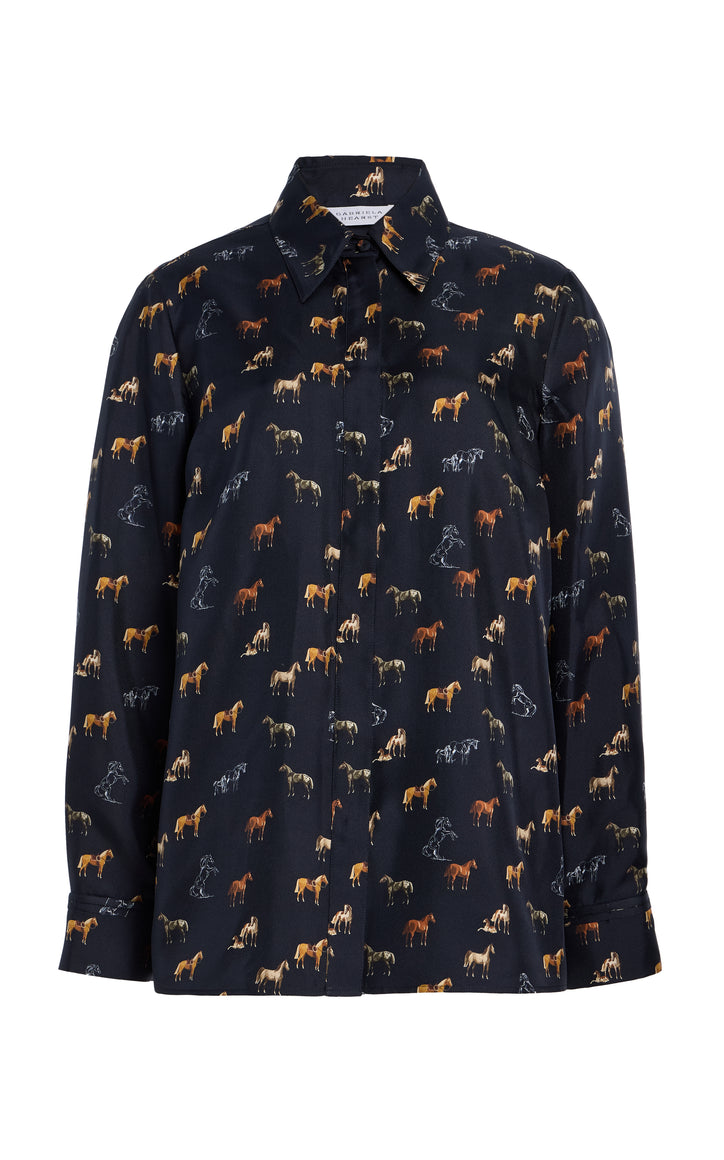 ダークネイビーのバージンウールシルクツイードのクルーズシャツ