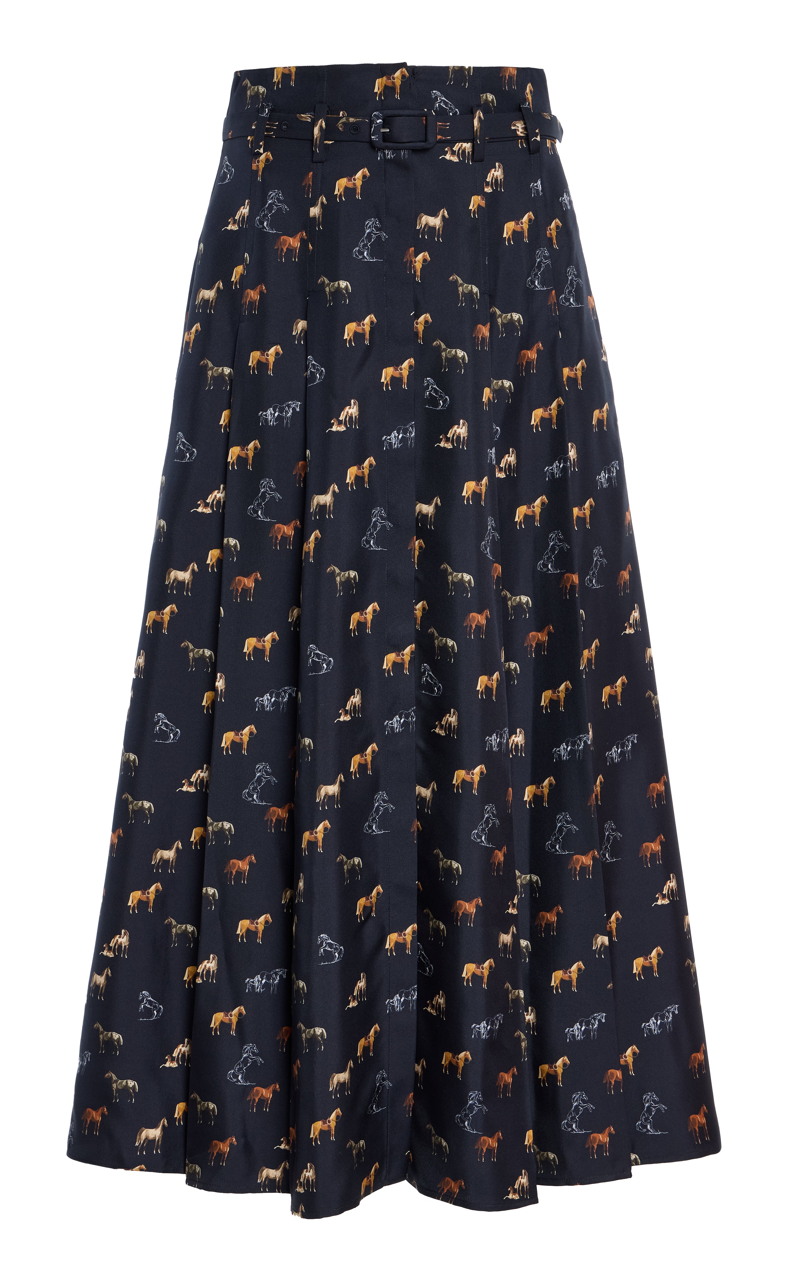 Dugald Pleated Midi Skirt in Dark Navy Multi Printed Silk Twill