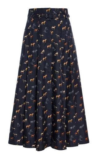 Dark Navy Horse Print Silk Twill Pleated Midi Skirt - Front View | Gabriela Hearst