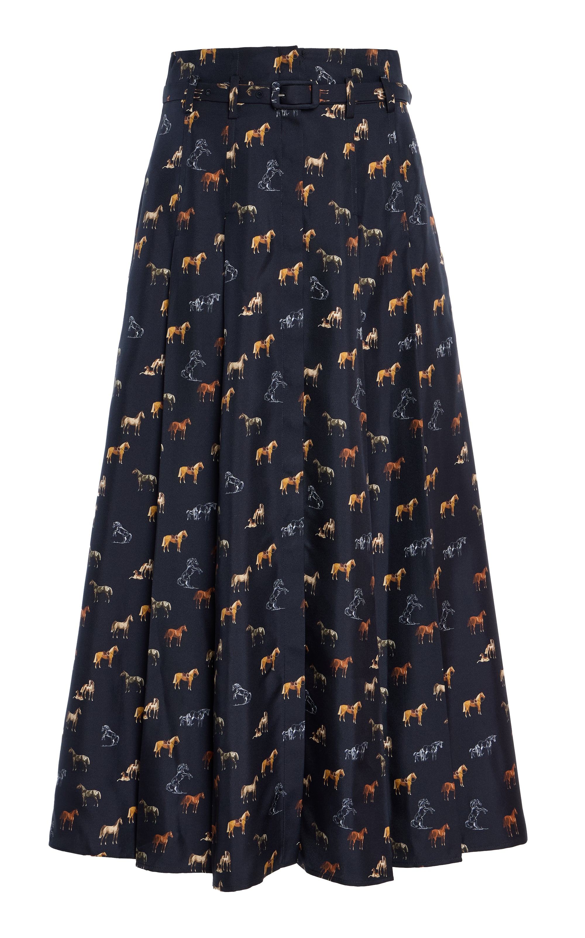Dugald Pleated Midi Skirt in Dark Navy Multi Printed Silk Twill