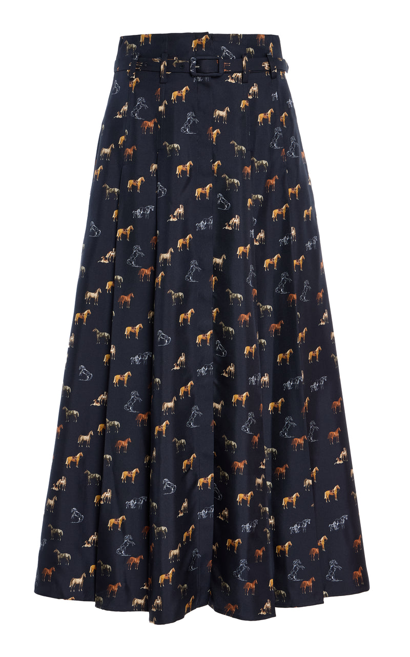 Dark Navy Horse Print Silk Twill Pleated Midi Skirt - Front View | Gabriela Hearst