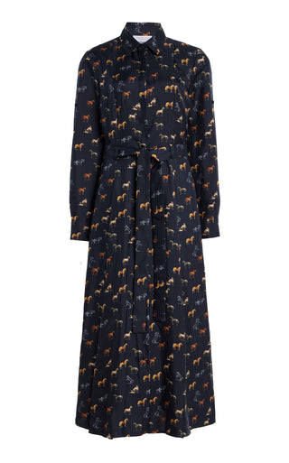Navy Horse Print Silk Twill Galway Maxi Shirtdress - Front View | Gabriela Hearst