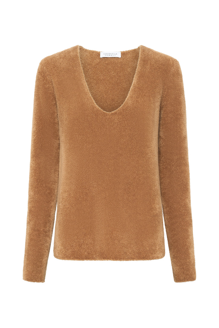 Ward Knit V-Neck Sweater in Mid Camel Silk