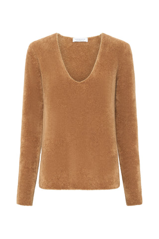 Ward Knit V-Neck Sweater in Mid Camel Silk