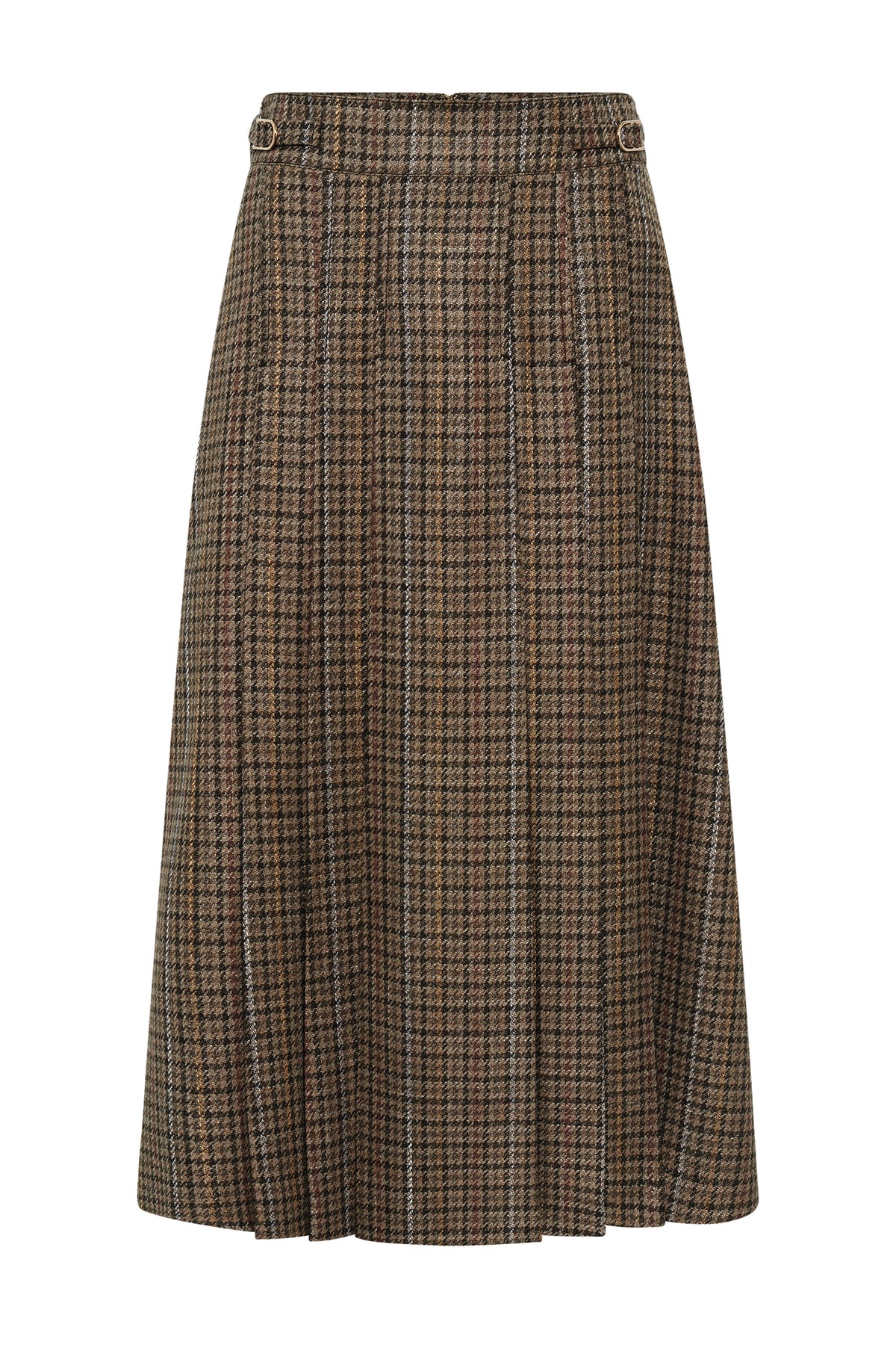 Wesley Skirt in Camel Multi Wool Silk Houndstooth