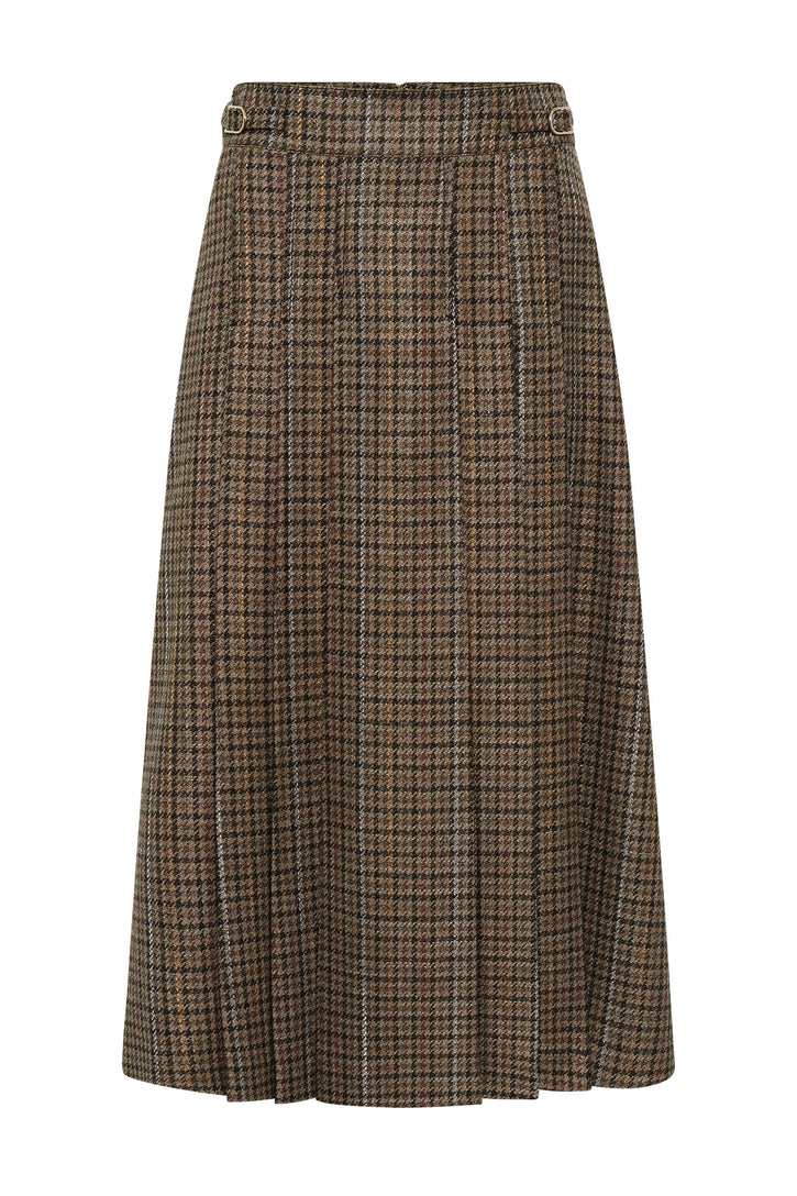 Wesley Pleated Skirt in Camel Multi Wool Silk Houndstooth