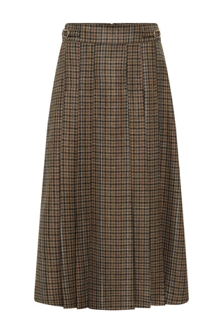 Wesley Pleated Skirt in Camel Multi Wool Silk Houndstooth