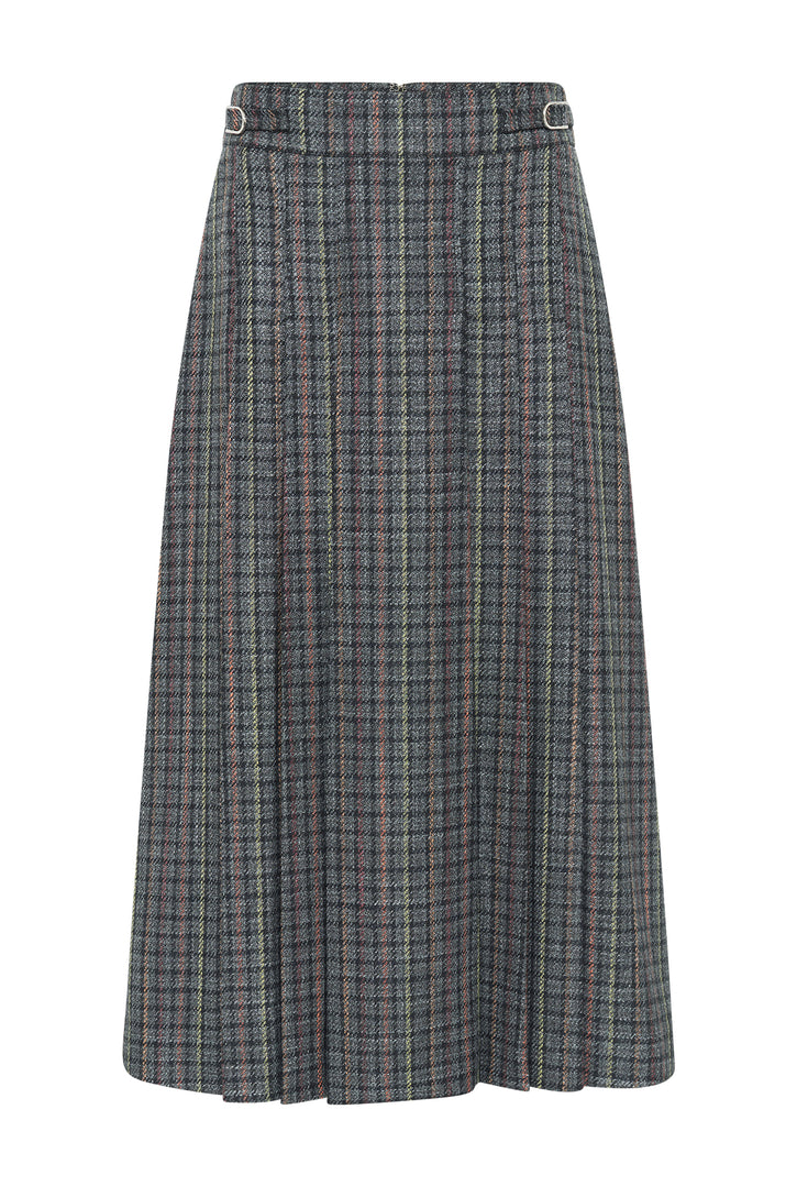 Wesley Pleated Skirt in Charcoal Multi Wool Silk Houndstooth