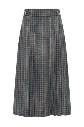 Wesley Pleated Skirt in Charcoal Multi Wool Silk Houndstooth