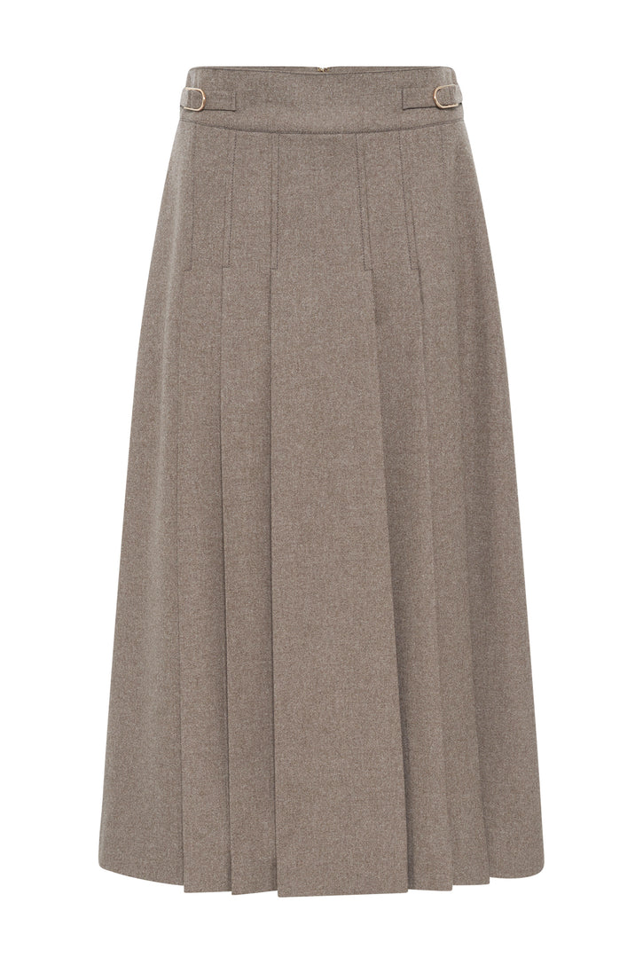 Wesley Pleated Skirt in Walnut Wool Cashmere Flannel