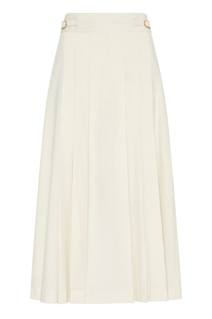 Wesley Pleated Midi Skirt in Ivory Sea Island Cotton Corduroy