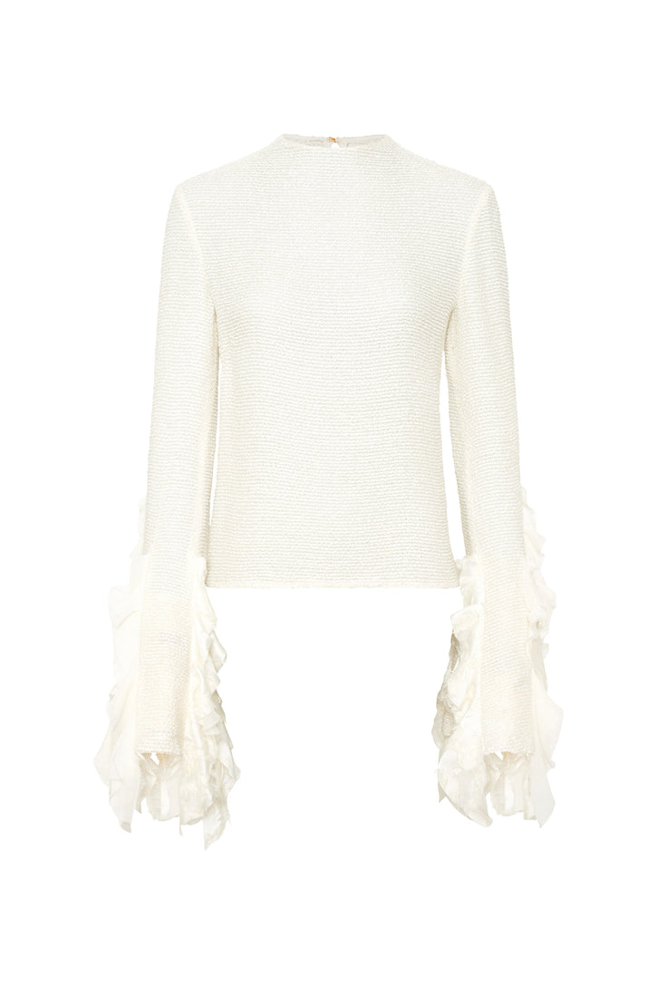 Fawcett Top in Ivory Silk Boucle with Custom Ruffles