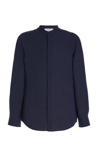 Dark Navy Linen Ollie Standing Collar Shirt - Front View | Gabriela Hearst