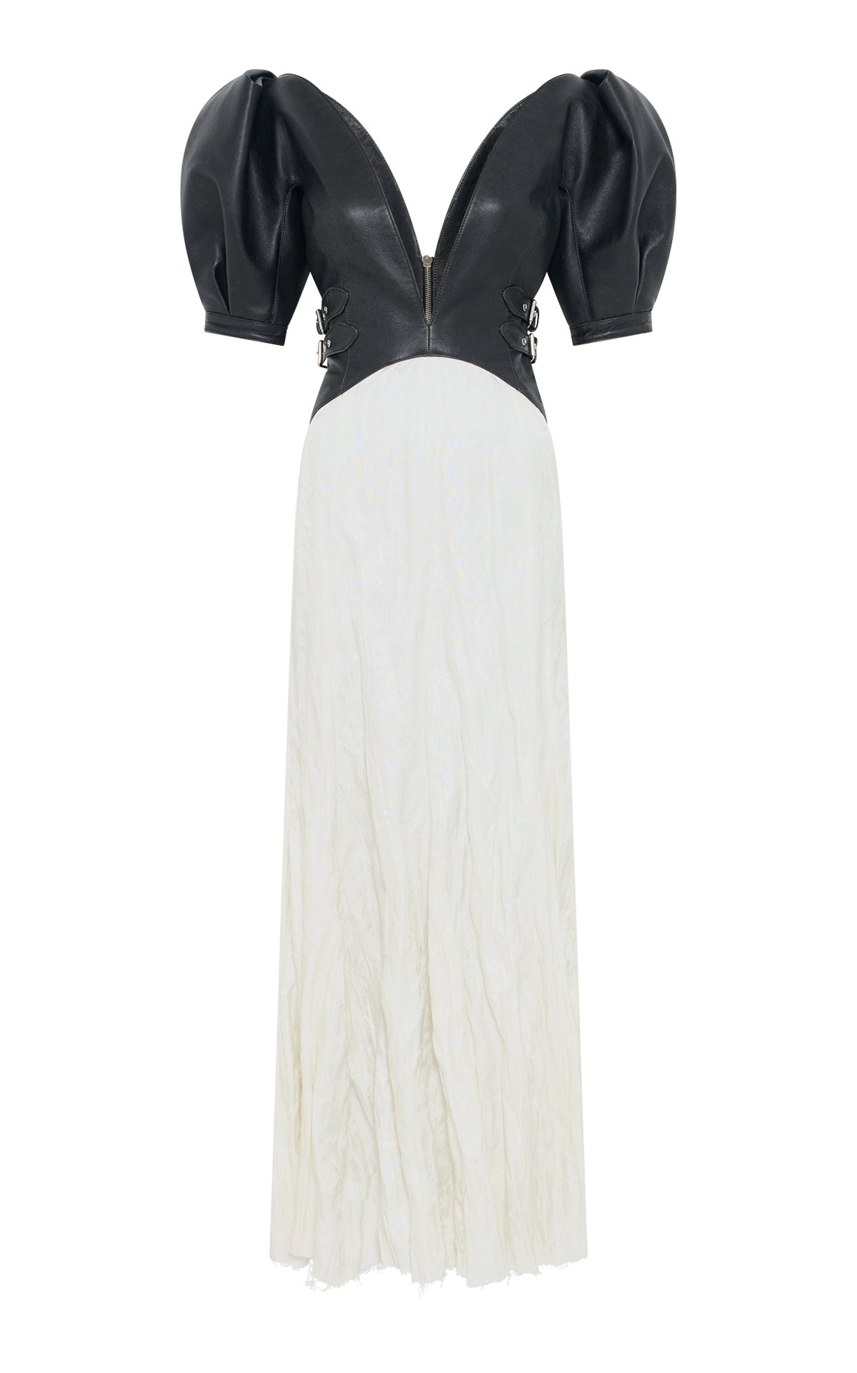 Zelda Midi Dress in Black Leather & Ivory Crinkled Silk