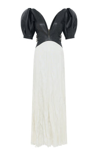 Zelda Midi Dress in Black Leather & Ivory Crinkled Silk