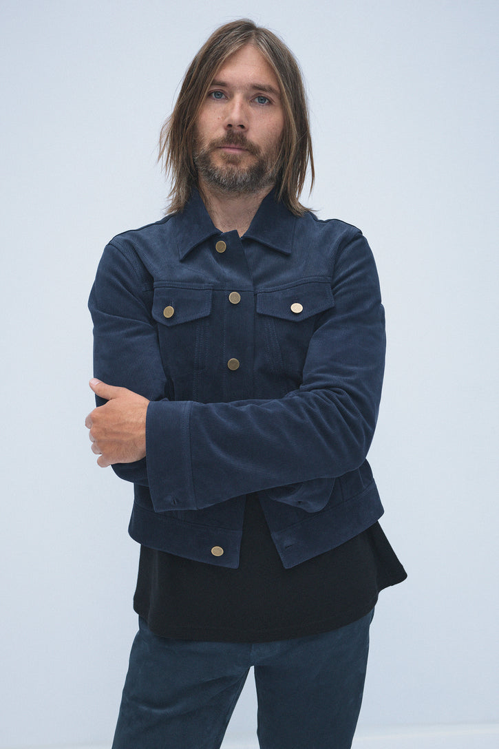 Barry Trucker Jacket in Electric Navy Suede Corduroy