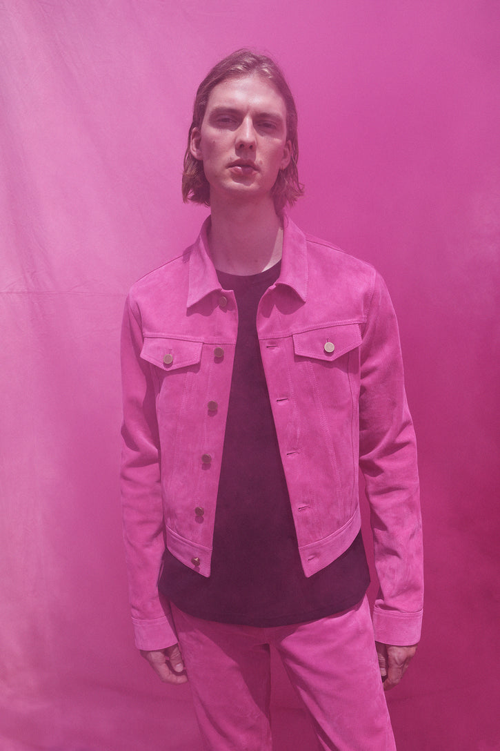 Barry Trucker Jacket in Fuchsia Suede Corduroy