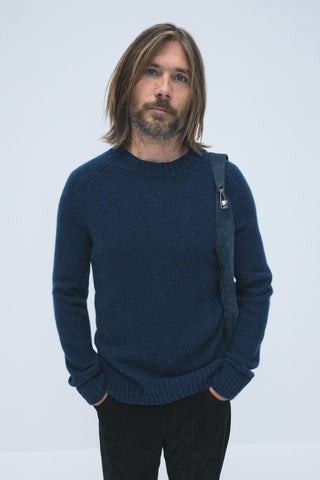 Daniel Knit Sweater in Electric Navy Speckled Aran Cashmere