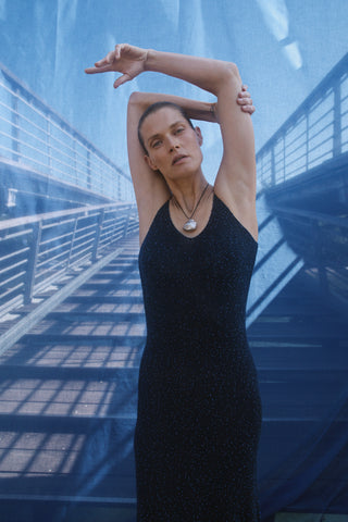 Electric Navy Florian Beaded Cashmere Silk Slip Dress on Model, Arms Raised - Editorial | Gabriela Hearst