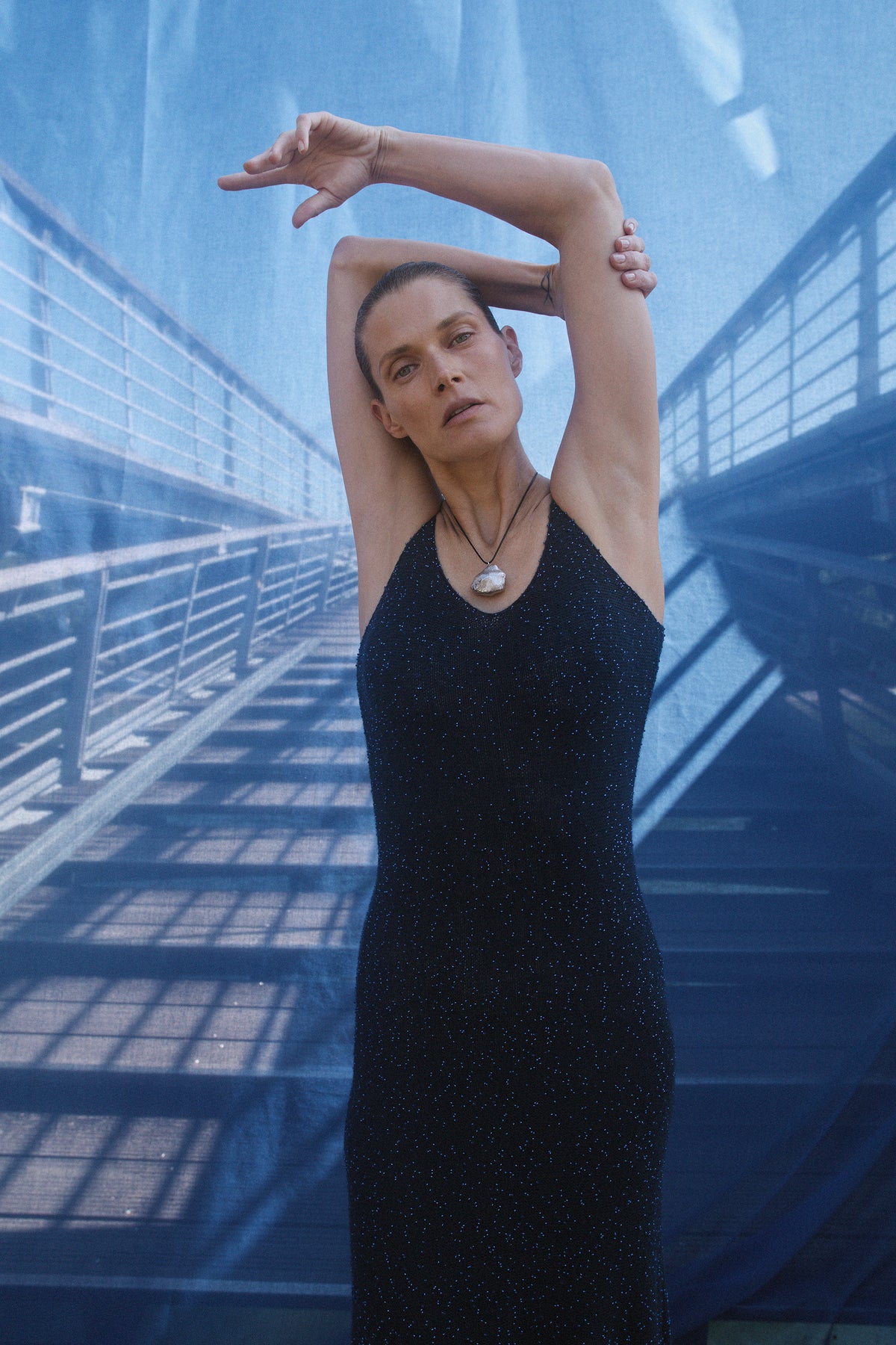 Florian Knit Dress in Electric Navy Beaded Cashmere Silk