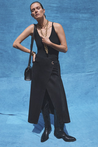 Black Suede Wrap Midi Skirt Styled Look - On Model | Gabriela Hearst