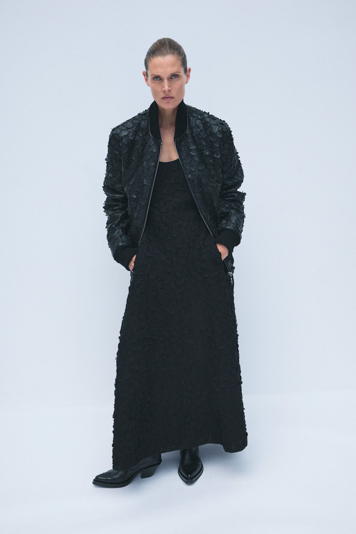 Winslow Embroidered Leaves Bomber in Black Leather