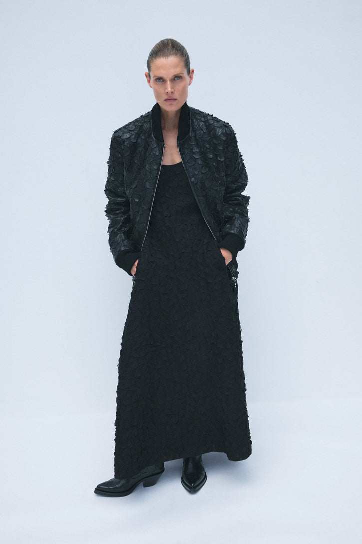 Winslow Embroidered Leaves Bomber in Black Leather