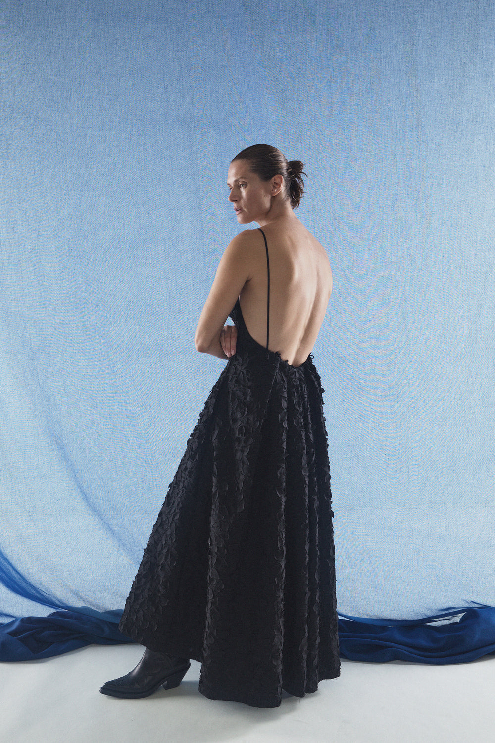 Nexus Embroidered Leaves Dress in Black Linen