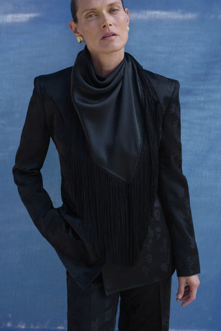Black Silk Satin Fringe Scarf Top - Styled Look with Blazer | Gabriela Hearst