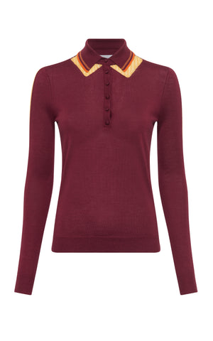 Zorya Knit Long Sleeve Polo In Merlot Multi Cashmere Silk