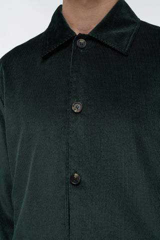 English Green Corduroy Fabric Close-Up - Button Detail | Gabriela Hearst