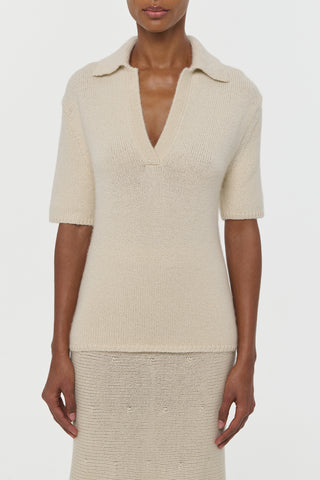 Off White Cashmere Polo with Spread Collar - Front View On Model | Gabriela Hearst