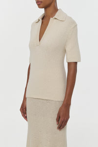 Sohan Knit Short Sleeve Polo in Off White Cashmere