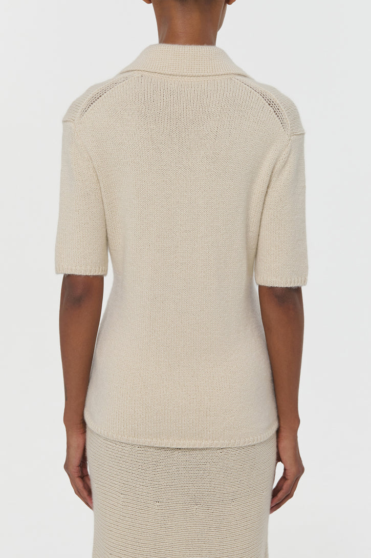 Sohan Knit Short Sleeve Polo in Off White Cashmere