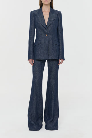 Denim Blue Linen Designer Suit - Full Body Front View | Gabriela Hearst