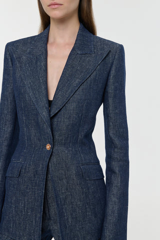Denim Blue Linen Blazer - Lapel Detail Close-up | Gabriela Hearst