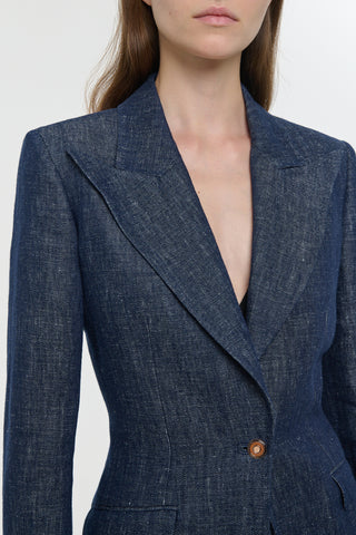 Denim Blue Linen Blazer - Front Detail Rose Gold Button | Gabriela Hearst