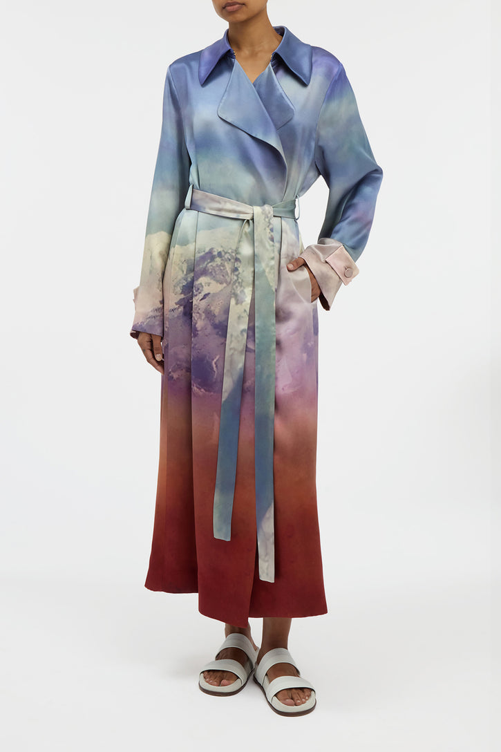 Lyra Trench Coat in Mountain Printed Satin Silk Twill