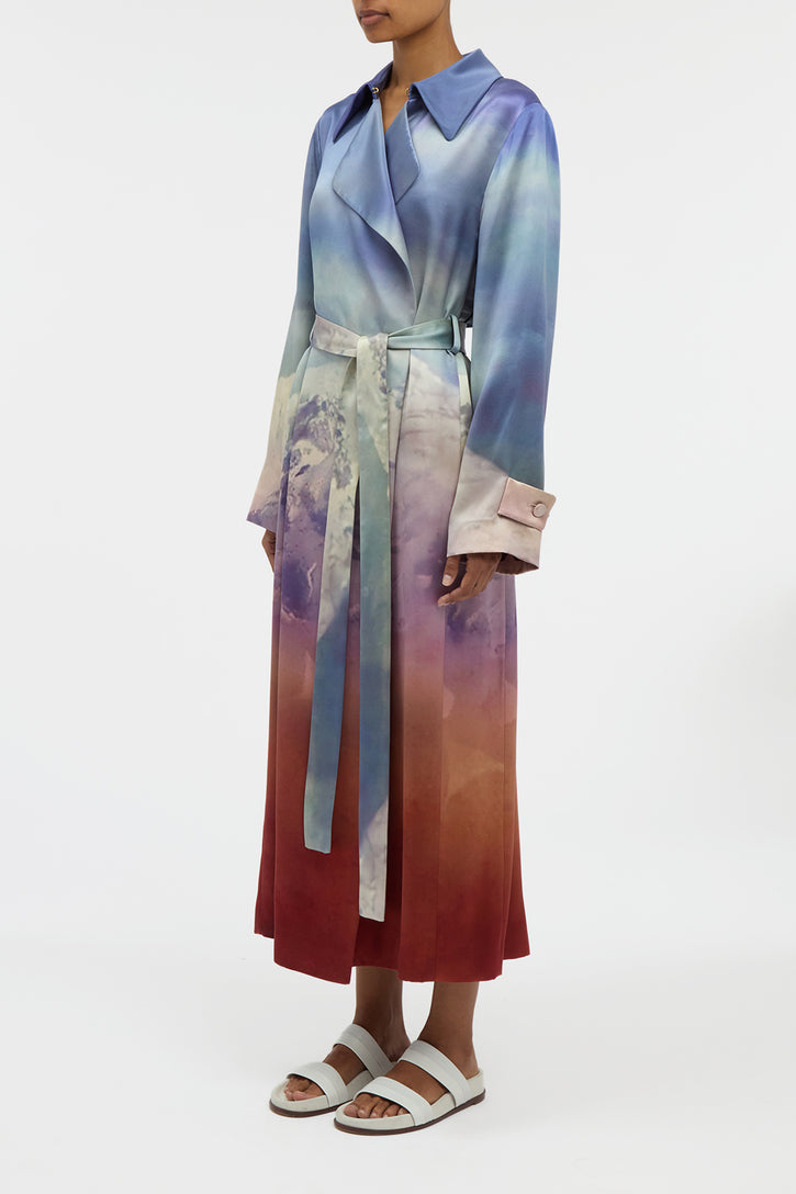 Lyra Trench Coat in Mountain Printed Satin Silk Twill
